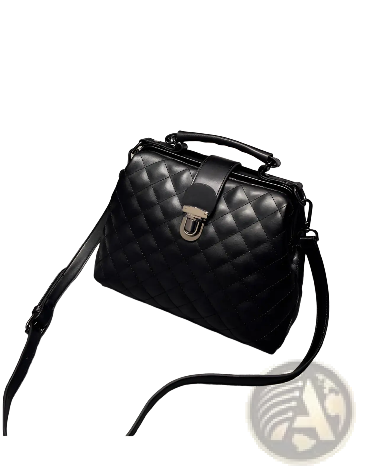 Black quilted leather retro doctor shoulder bag with silver-toned clasp and top handle for elegant use