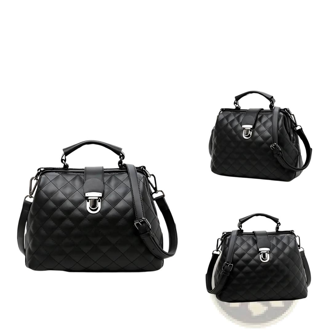 Black quilted leather retro doctor shoulder bag with silver buckle clasp and adjustable strap for versatile use