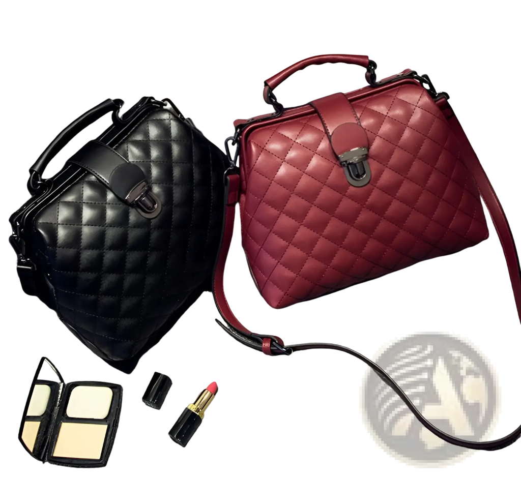 Red quilted leather retro doctor shoulder bag with silver-toned clasp and matching shoulder strap