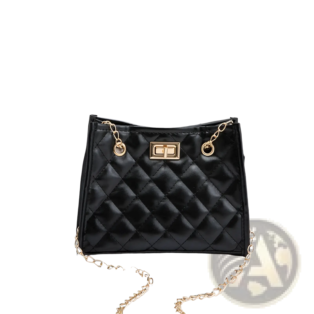Black quilted mini chain shoulder bag with gold-tone chain strap and clasp in rhombus small square design