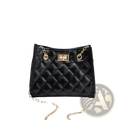 Black quilted mini chain shoulder bag with gold-tone chain strap and clasp in rhombus small square design