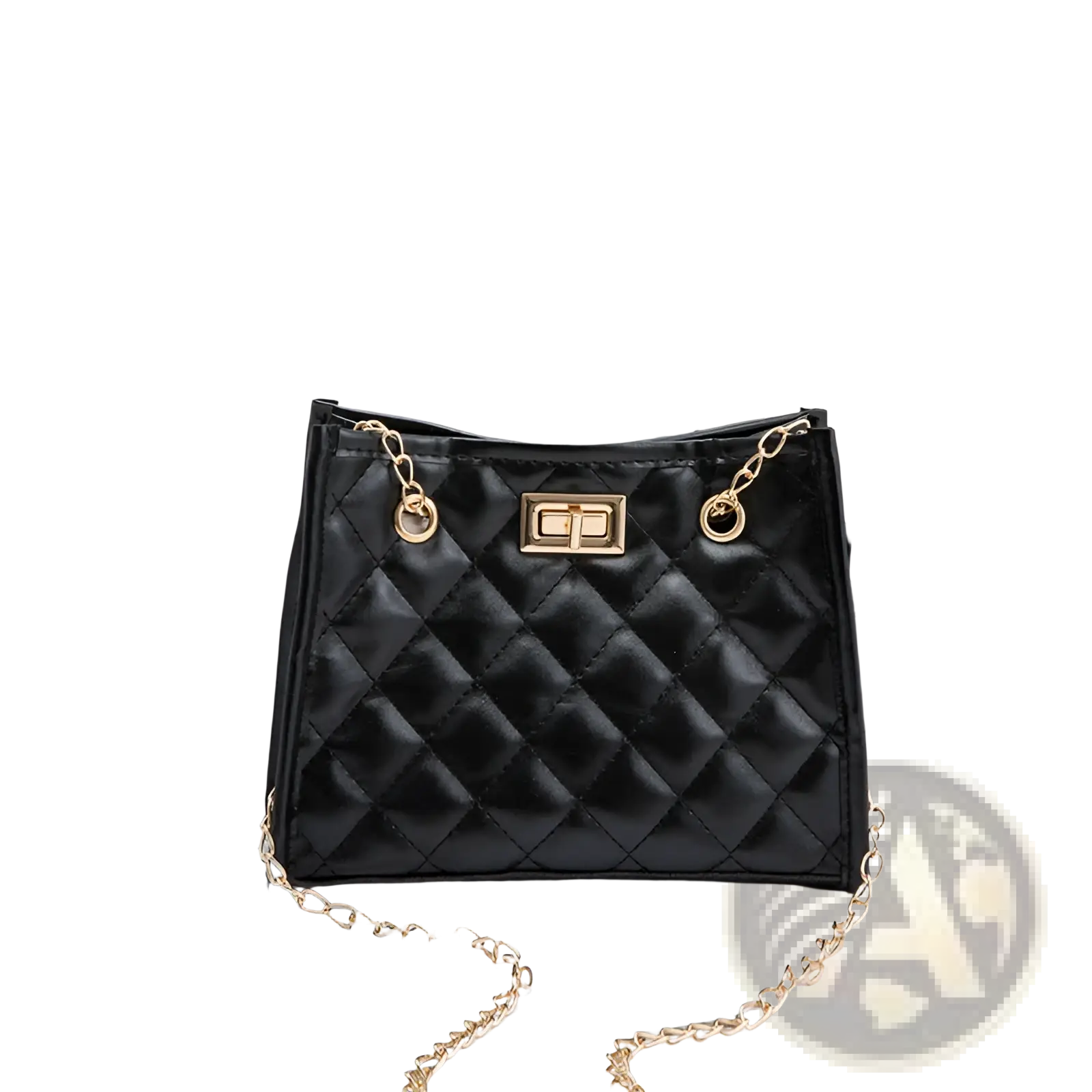 Black quilted mini chain shoulder bag with gold-tone chain strap and clasp in rhombus small square design