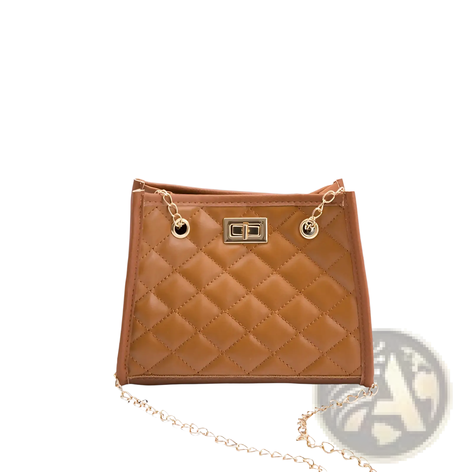 Tan quilted mini chain shoulder bag with rhombus pattern gold-tone hardware and chain strap small square bag