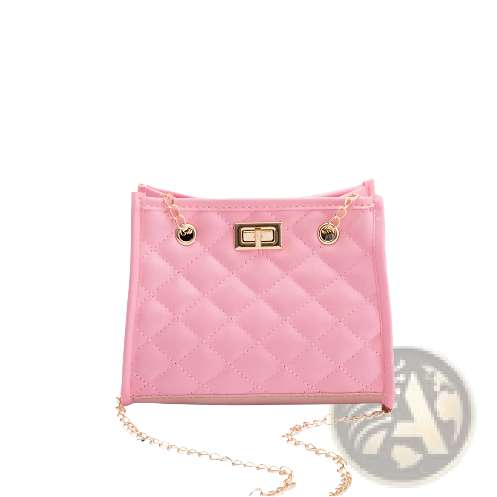 Pink quilted mini chain shoulder bag with rhombus pattern, gold-tone hardware, and small square design