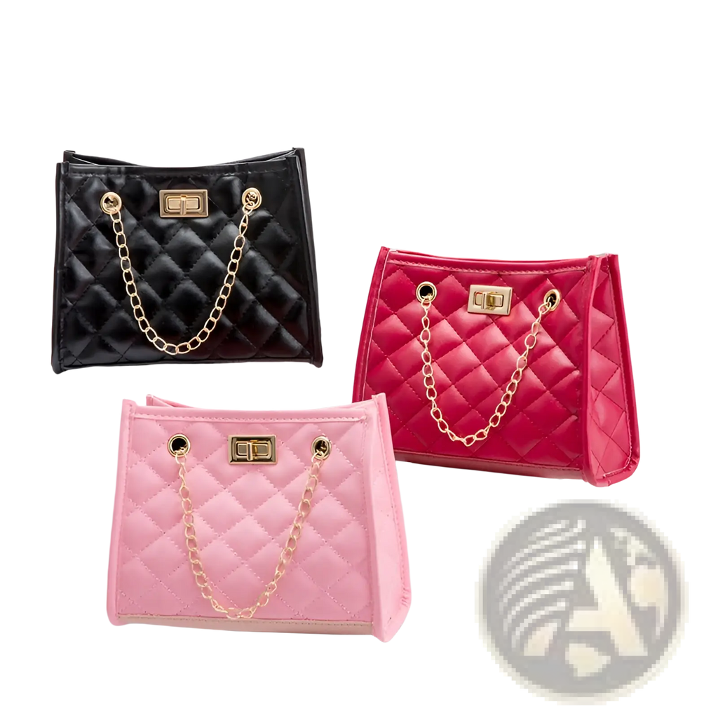 Three quilted mini chain shoulder bags in black pink and red with gold-tone chain straps and clasp closures