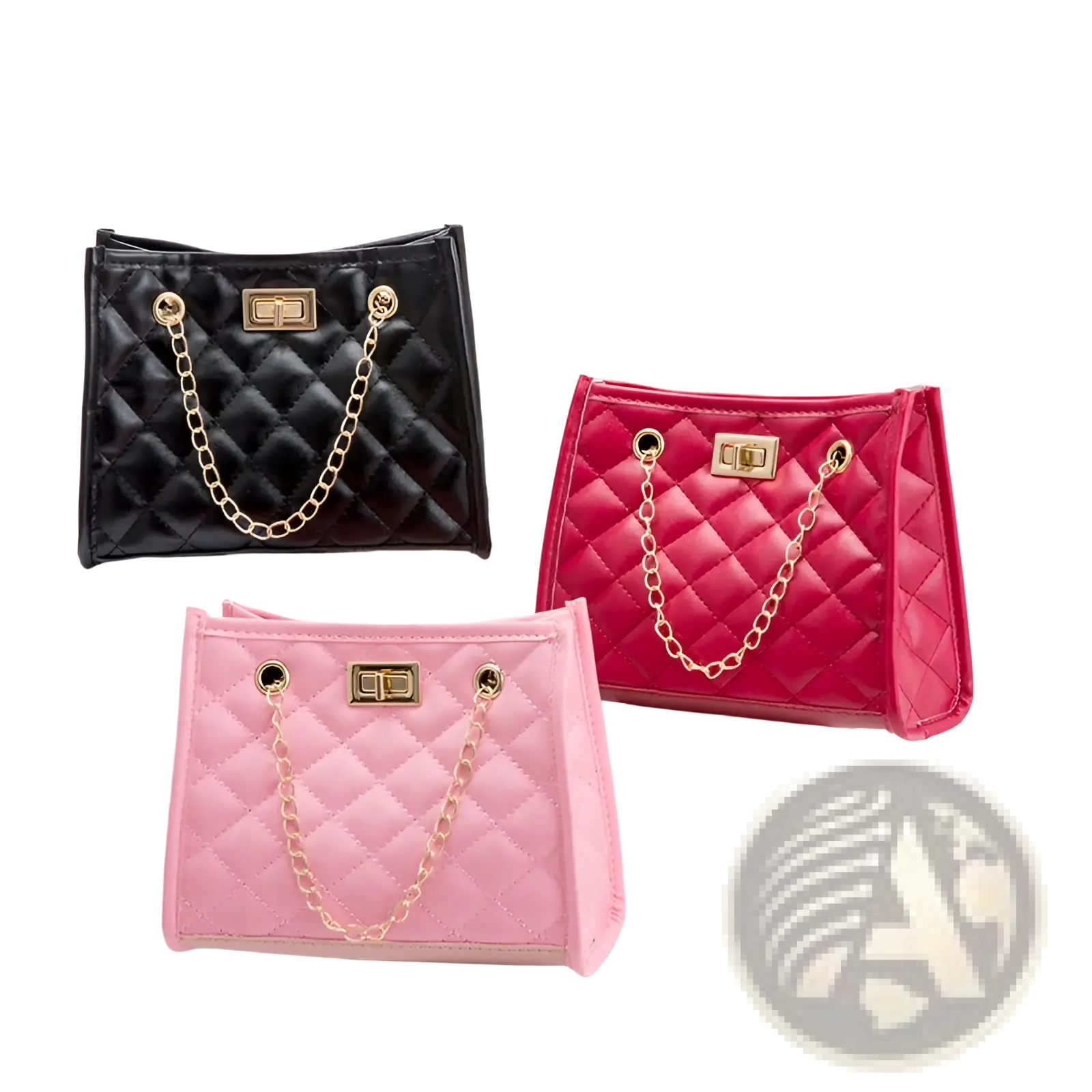 Three quilted mini chain shoulder bags in black pink and red with gold-tone chain straps and clasp closures