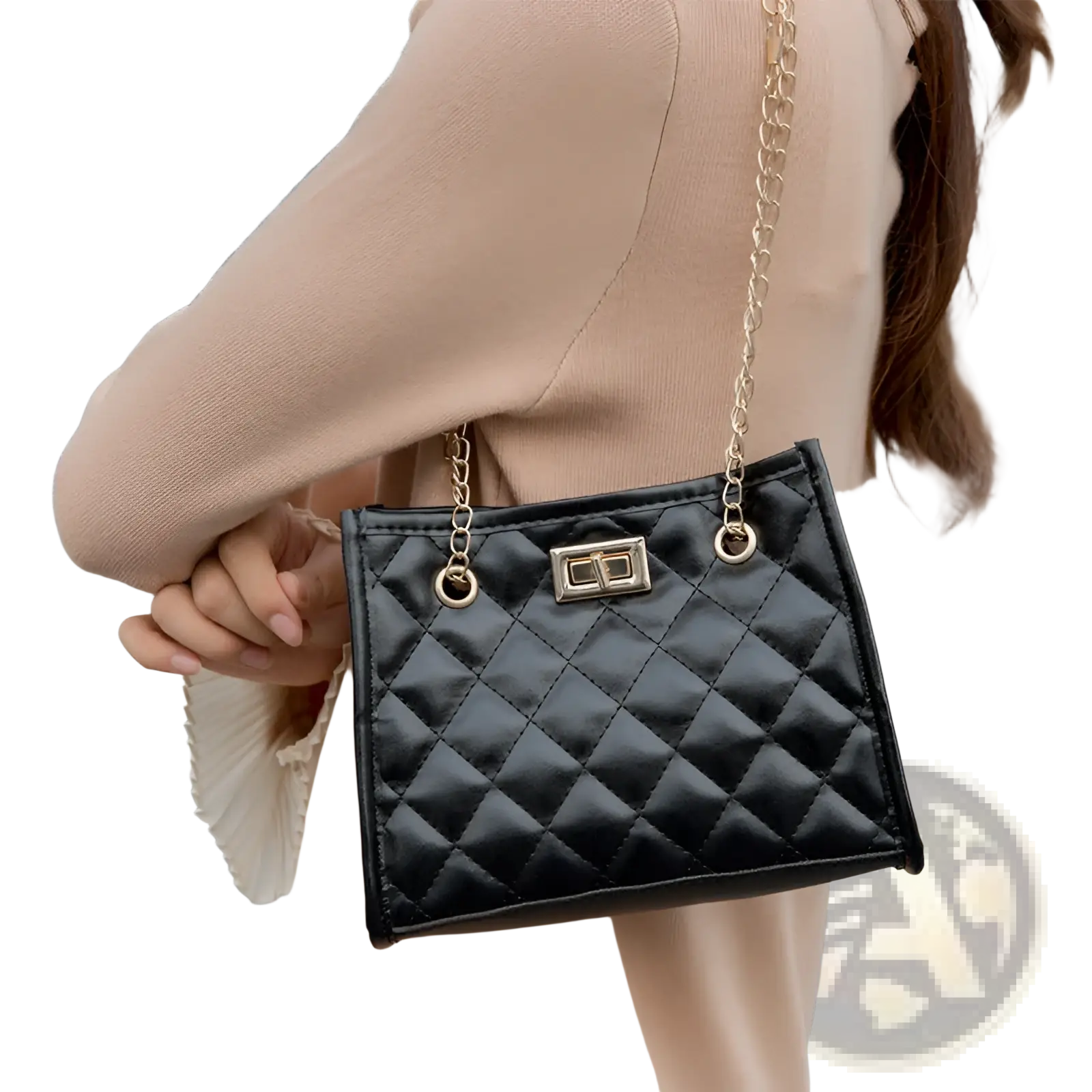 Black quilted mini chain shoulder bag with gold-tone chain strap and rectangular clasp in rhombus pattern