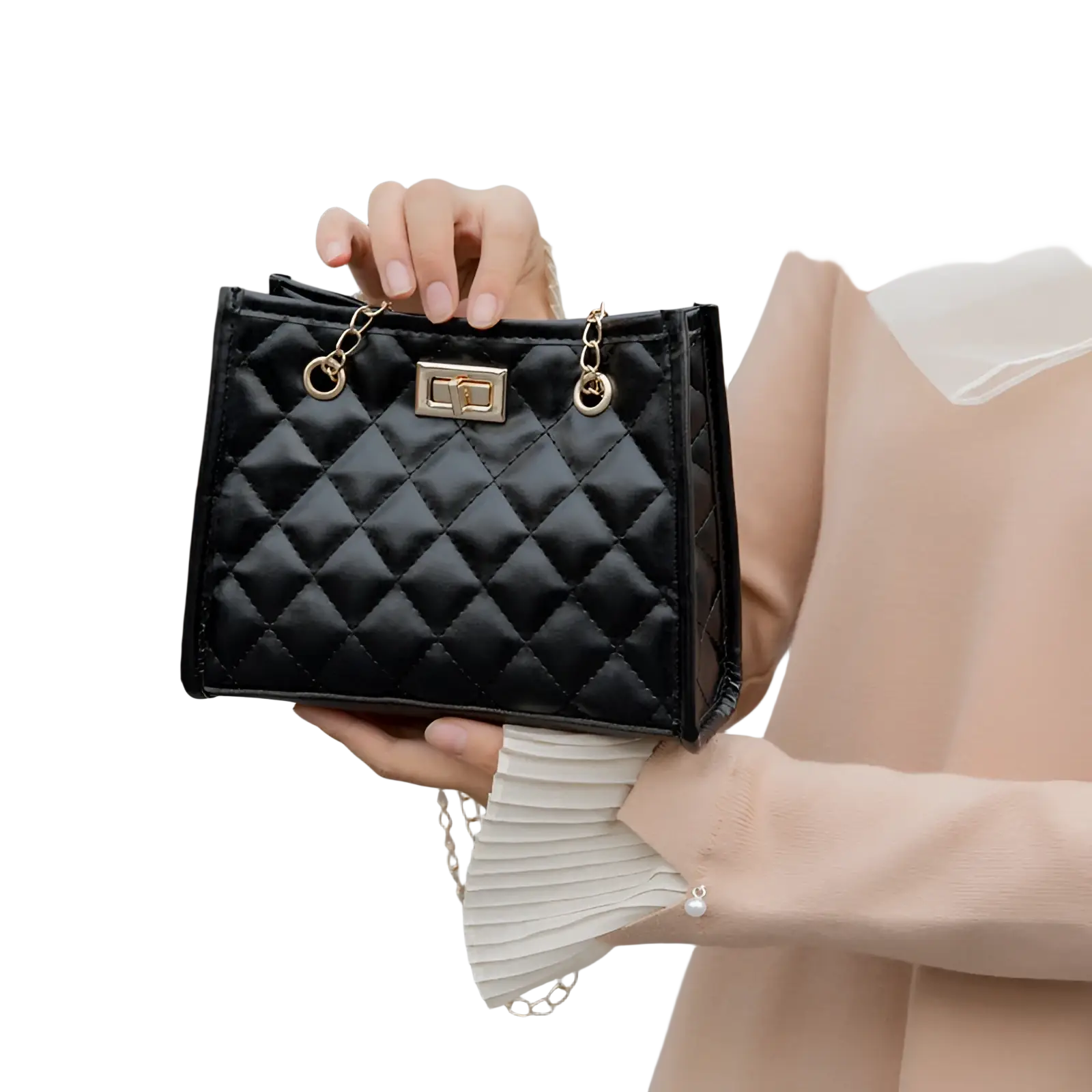 Black quilted mini chain shoulder bag with gold-tone hardware and rhombus pattern for elegant occasions