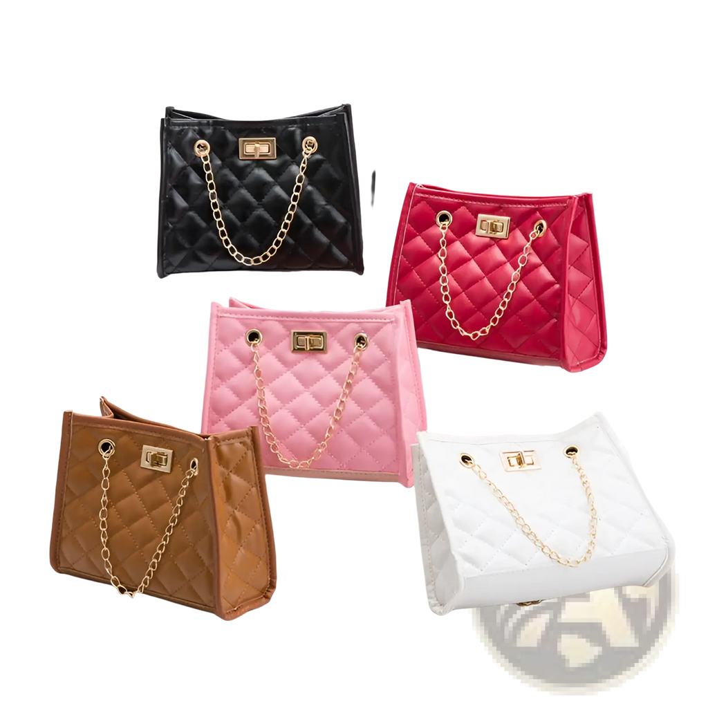 Quilted mini chain shoulder bag with gold-tone chain strap and rectangular clasp in black red pink brown and white