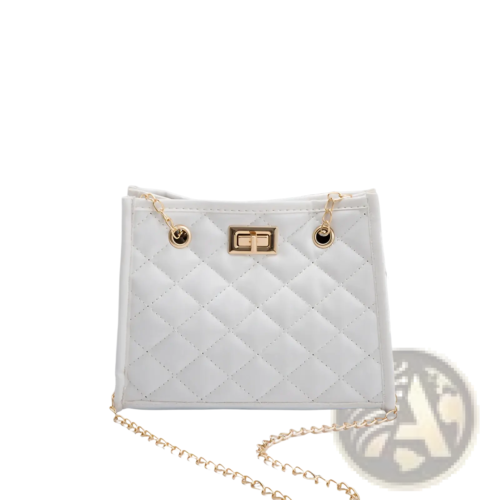 White quilted mini chain shoulder bag with rhombus pattern gold-tone hardware and chain strap in small square shape