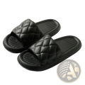 Black quilted non slip lightweight slide sandals with diamond patterned upper and ribbed rubber sole for home use