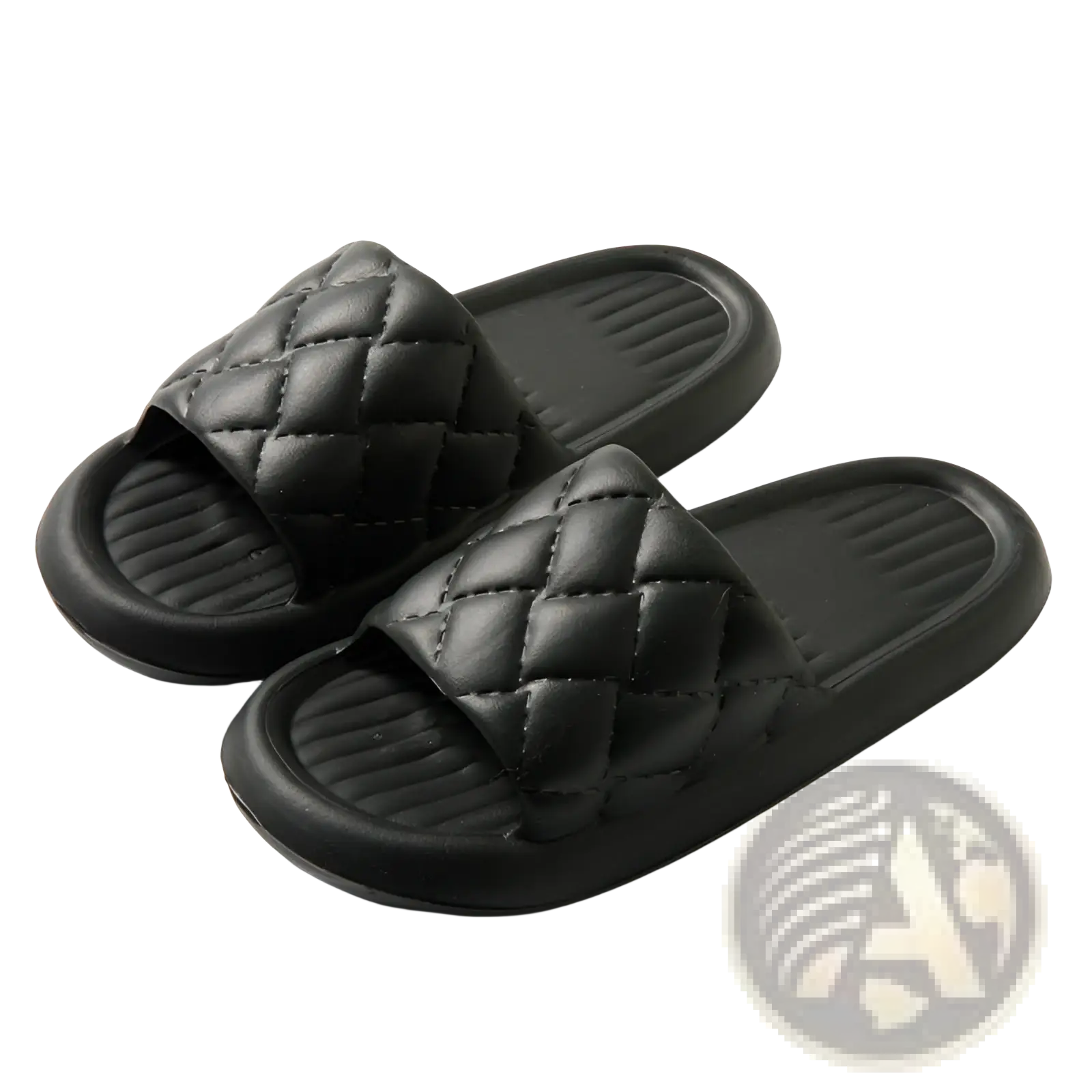 Black quilted non slip lightweight slide sandals with diamond patterned upper and ribbed rubber sole for home use