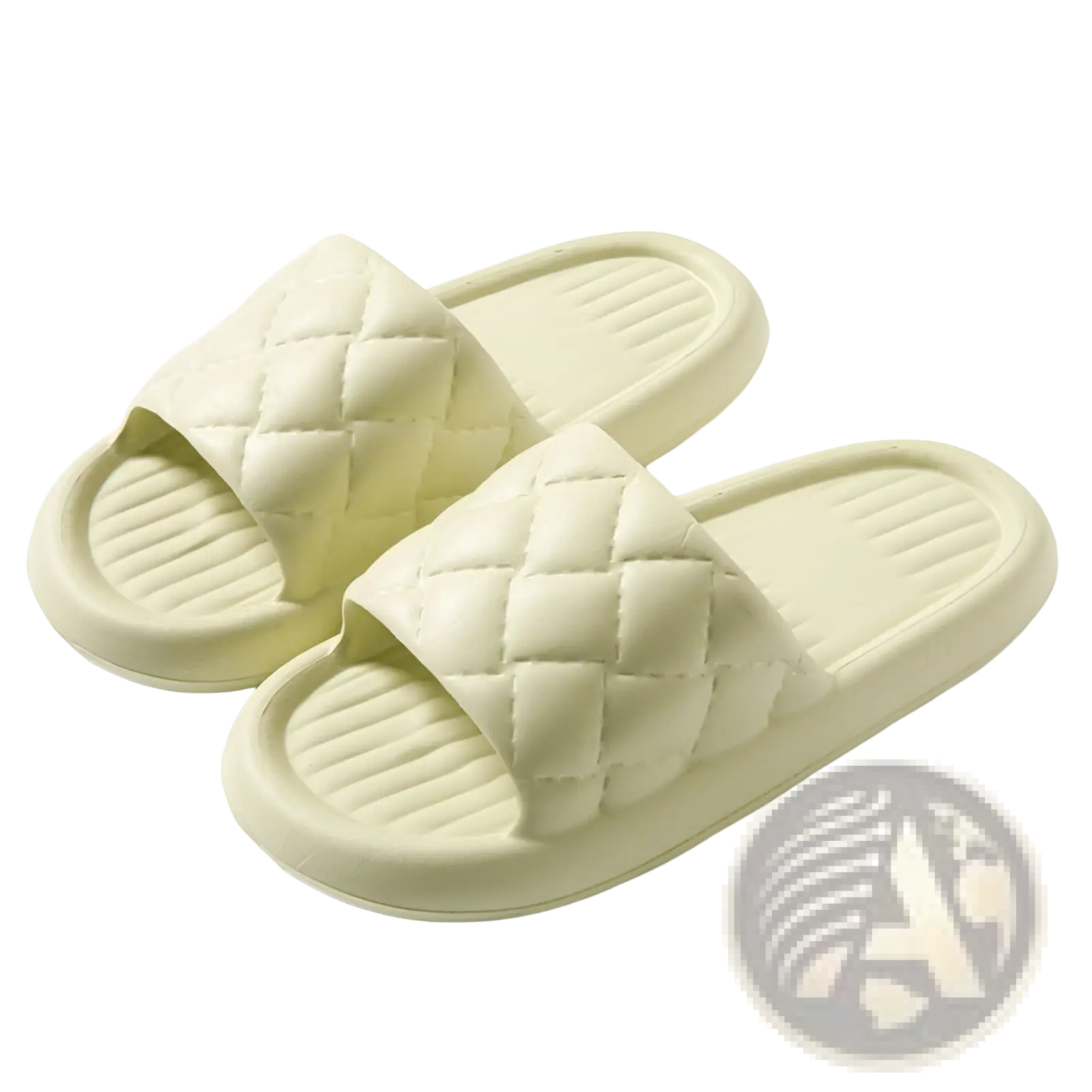Cream-colored quilted non slip lightweight slide sandals with soft cushioned sole and textured grip for home use