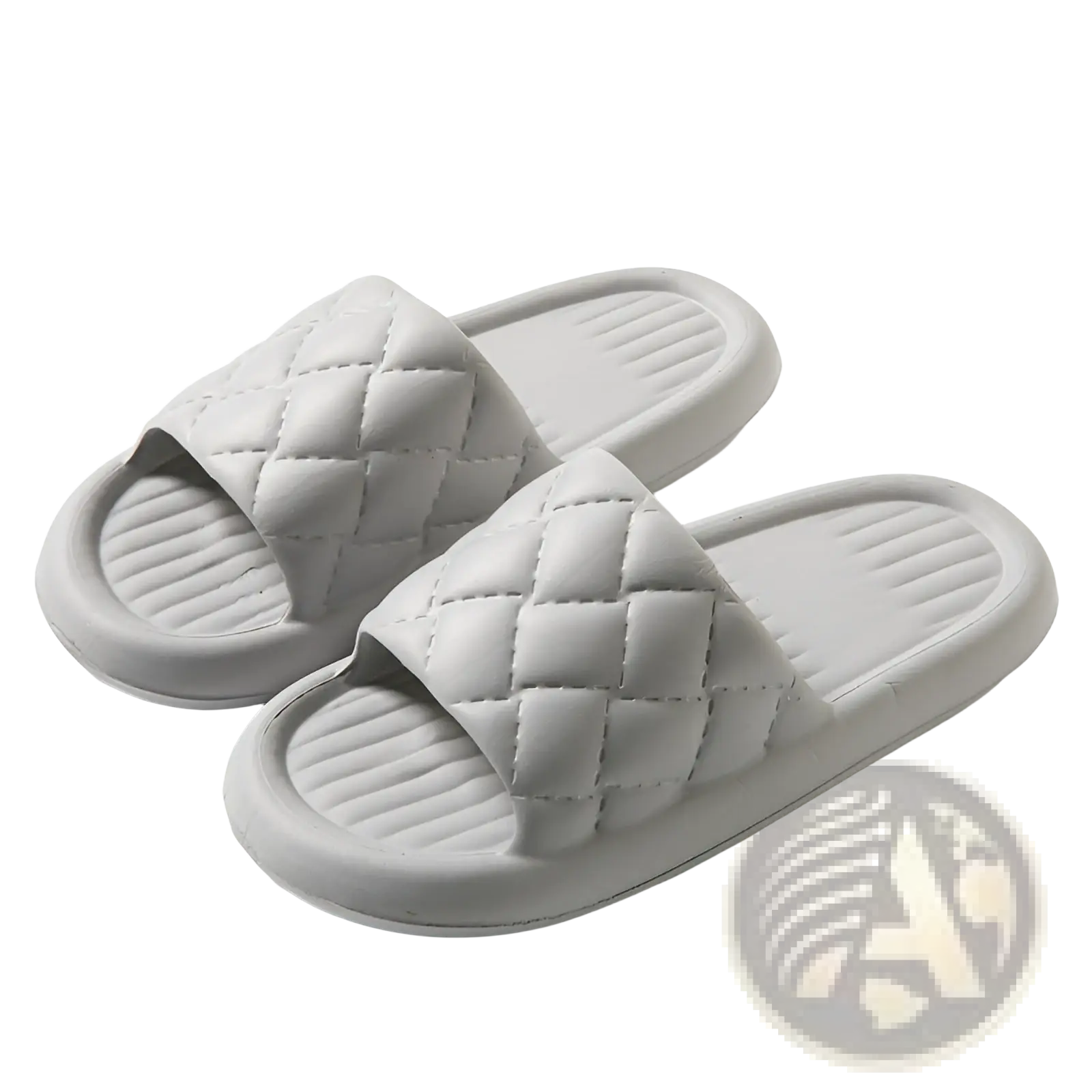 Gray quilted non slip lightweight slide sandals with soft cushioned sole and diamond pattern stitching for home use