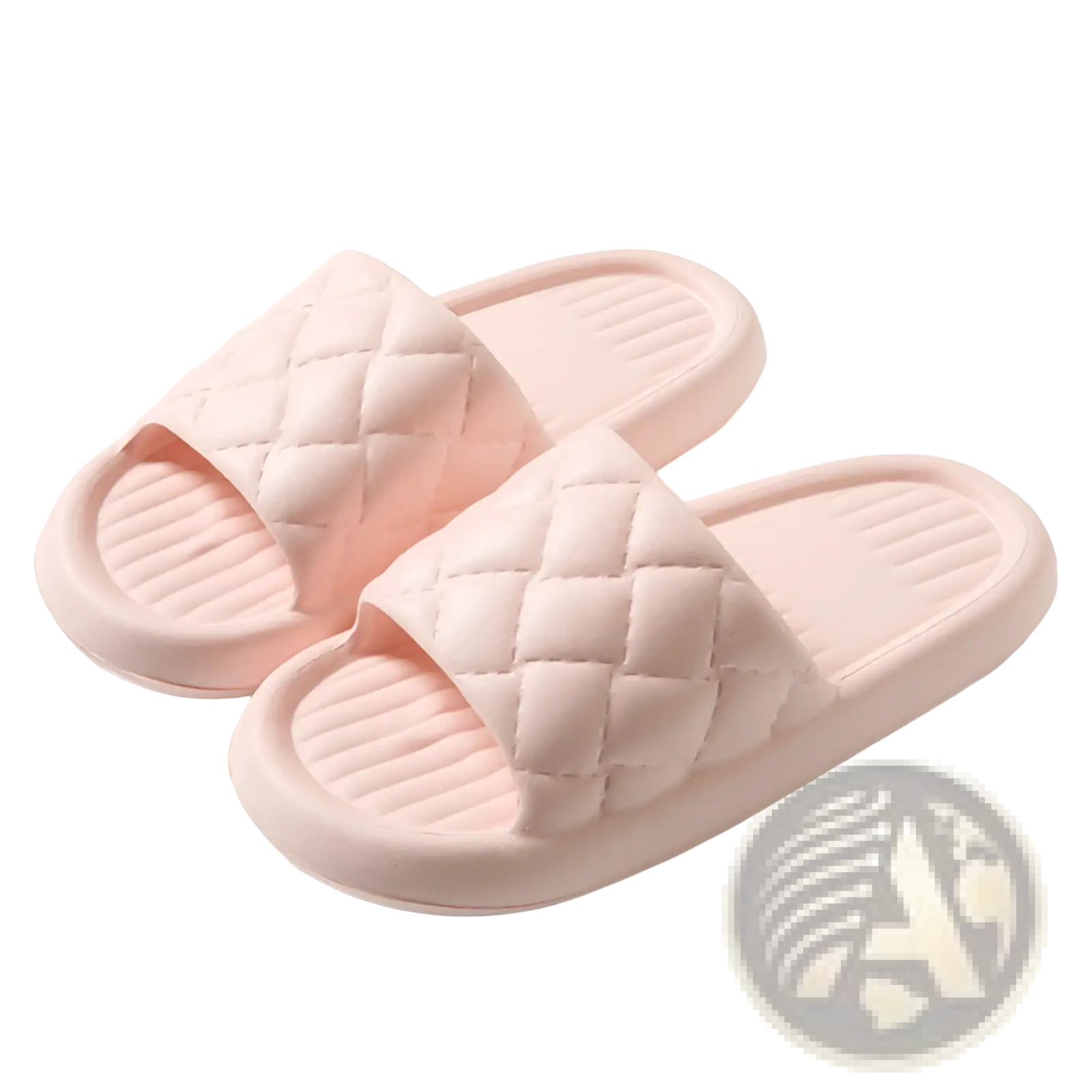 Pink quilted slide sandals with soft rubber sole designed for lightweight non slip home use