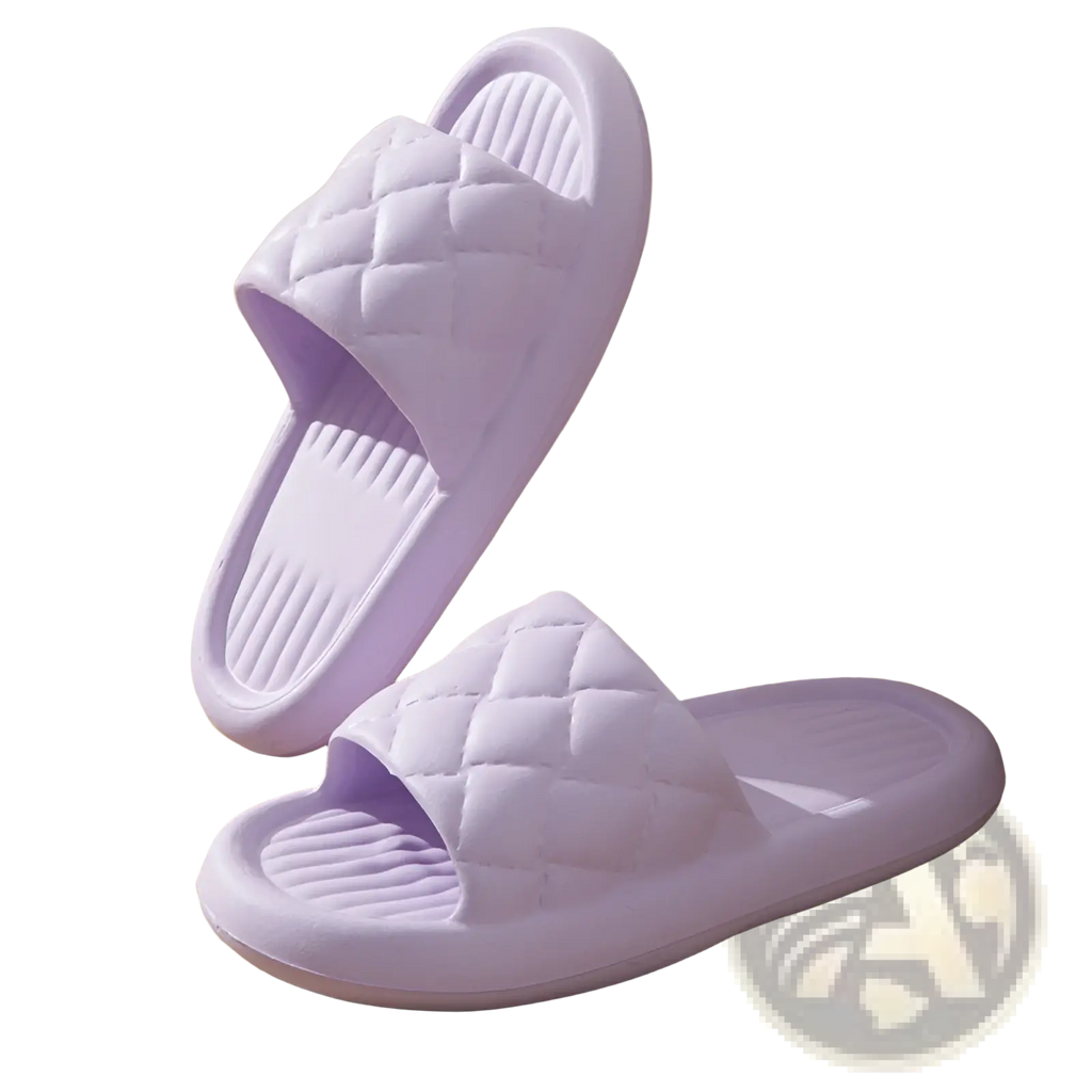 Lavender quilted non slip lightweight slide sandals with a soft rubber sole for comfortable home use