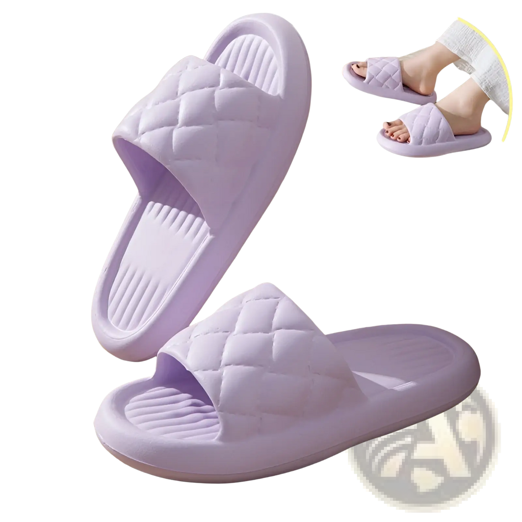 Lavender-colored quilted non slip lightweight slide sandals with soft rubber sole and contoured footbed for home use
