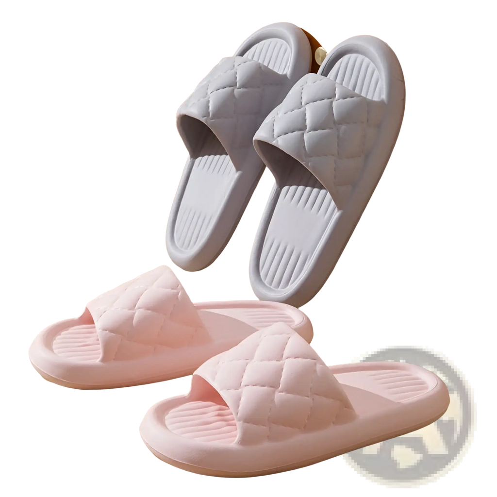 Pink and gray quilted non slip lightweight slide sandals with soft rubber sole for comfortable home use
