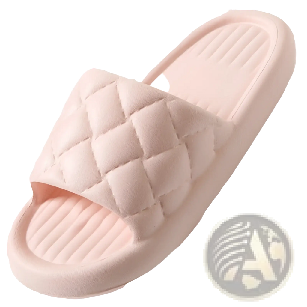 Soft pink quilted non slip lightweight home slide sandal with cushioned sole and textured grip