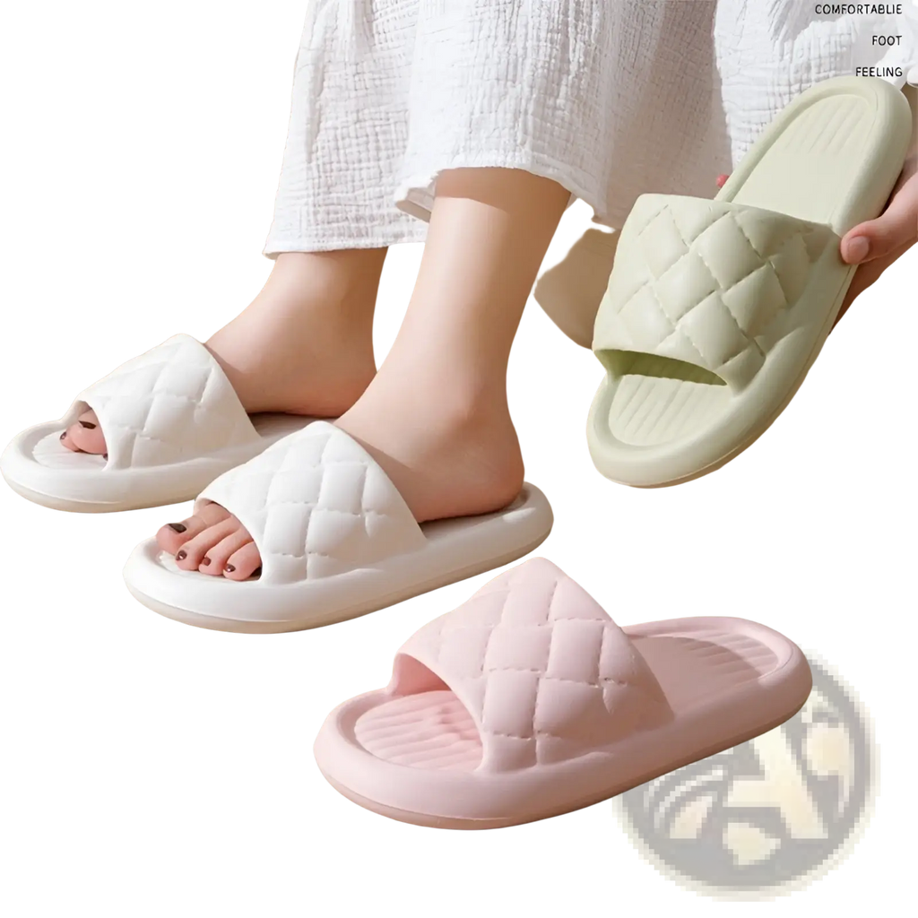 Soft quilted non slip lightweight rubber slide sandals in white pale green and pink for home use
