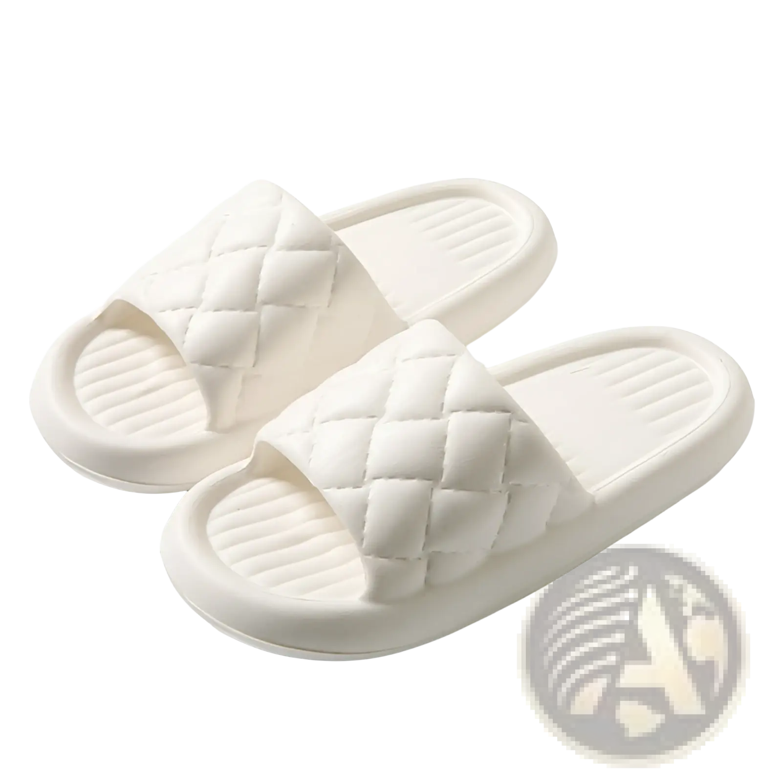 White quilted non slip lightweight slide sandals with cushioned sole and diamond-patterned upper for home use