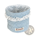 Light blue quilted fabric nursery storage basket with white lace trim and polka-dot interior by sozakka