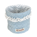 Light blue quilted fabric nursery storage basket with white lace trim and polka-dot interior by sozakka