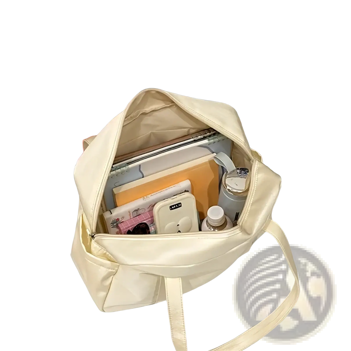 Cream-colored quilted nylon travel tote bag with adjustable shoulder strap multiple compartments and plush charm