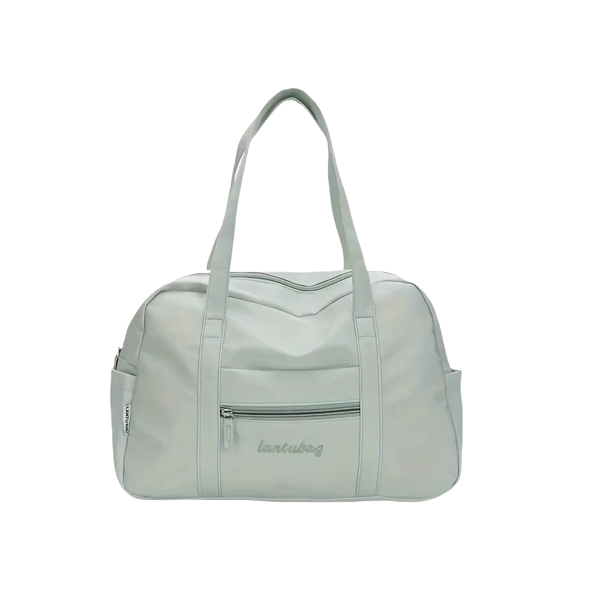 Light gray quilted nylon travel tote bag with plush charm durable with two top handles and front zippered pocket