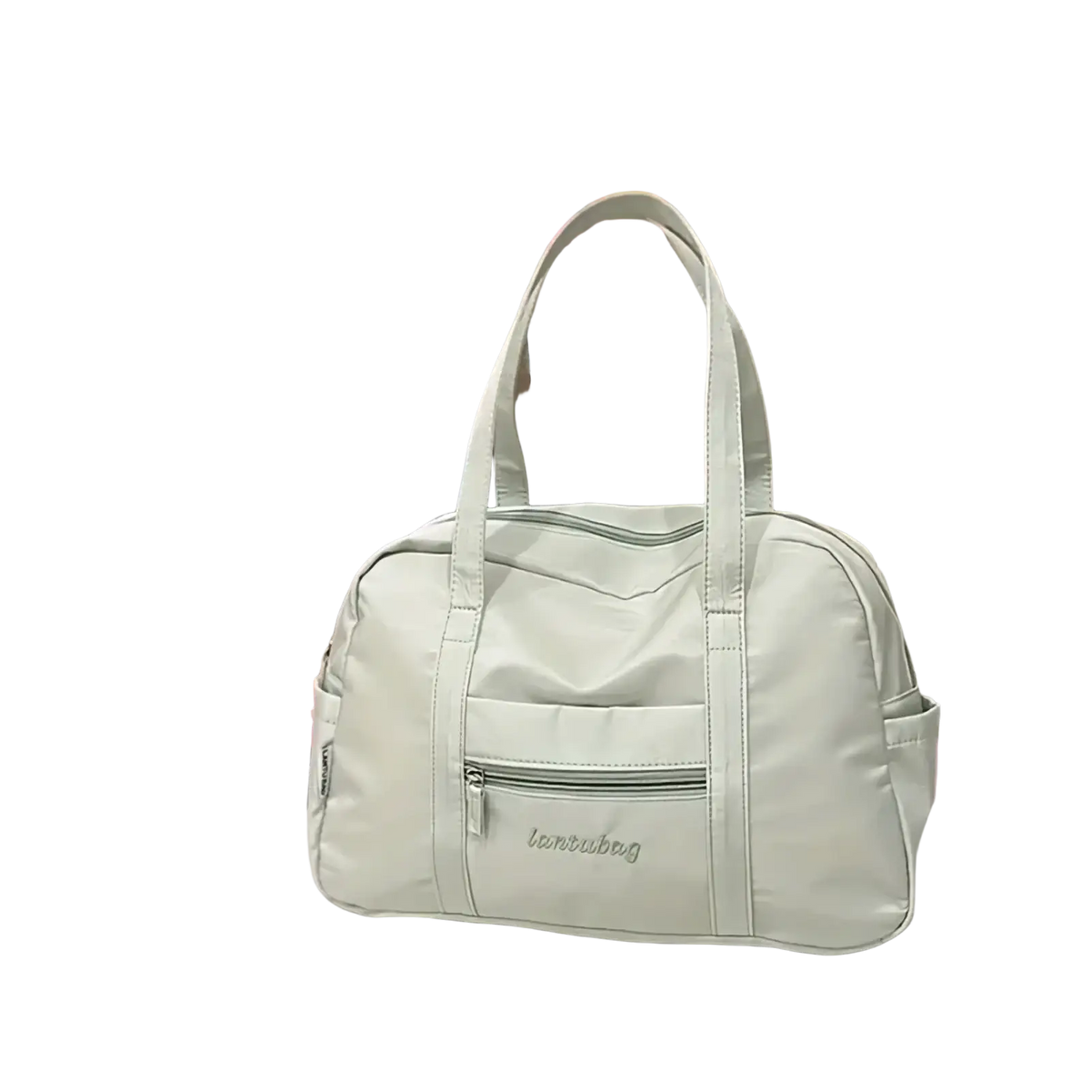Light green quilted nylon travel tote bag with front zipper pocket and lunruebag embroidered brand name Plush charm