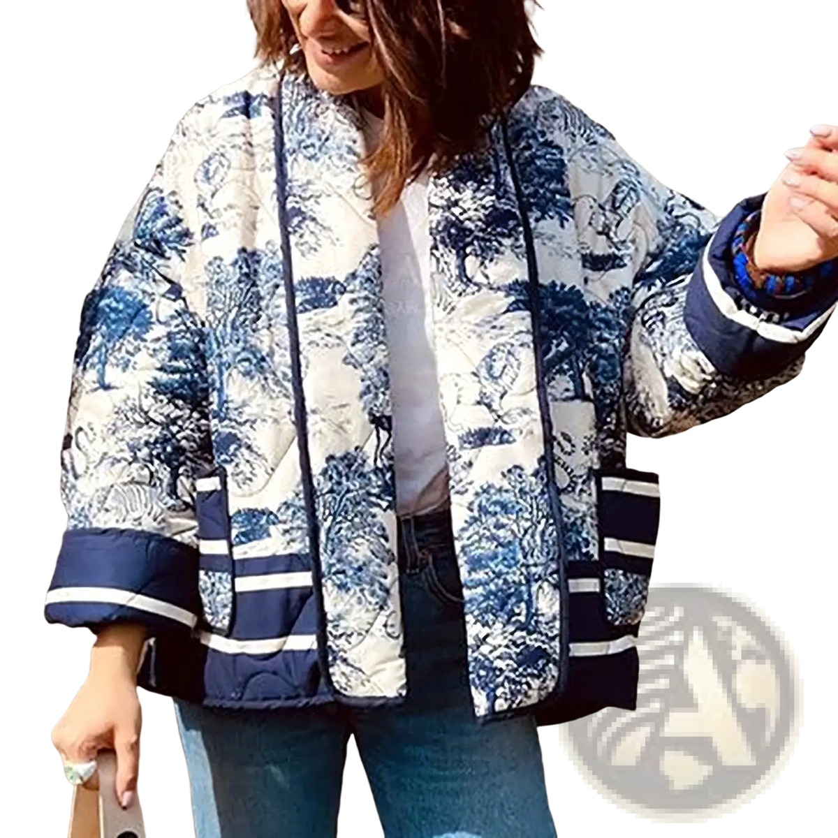 Blue and white patterned quilted bomber jacket for women with striped cuffs and comfortable fit