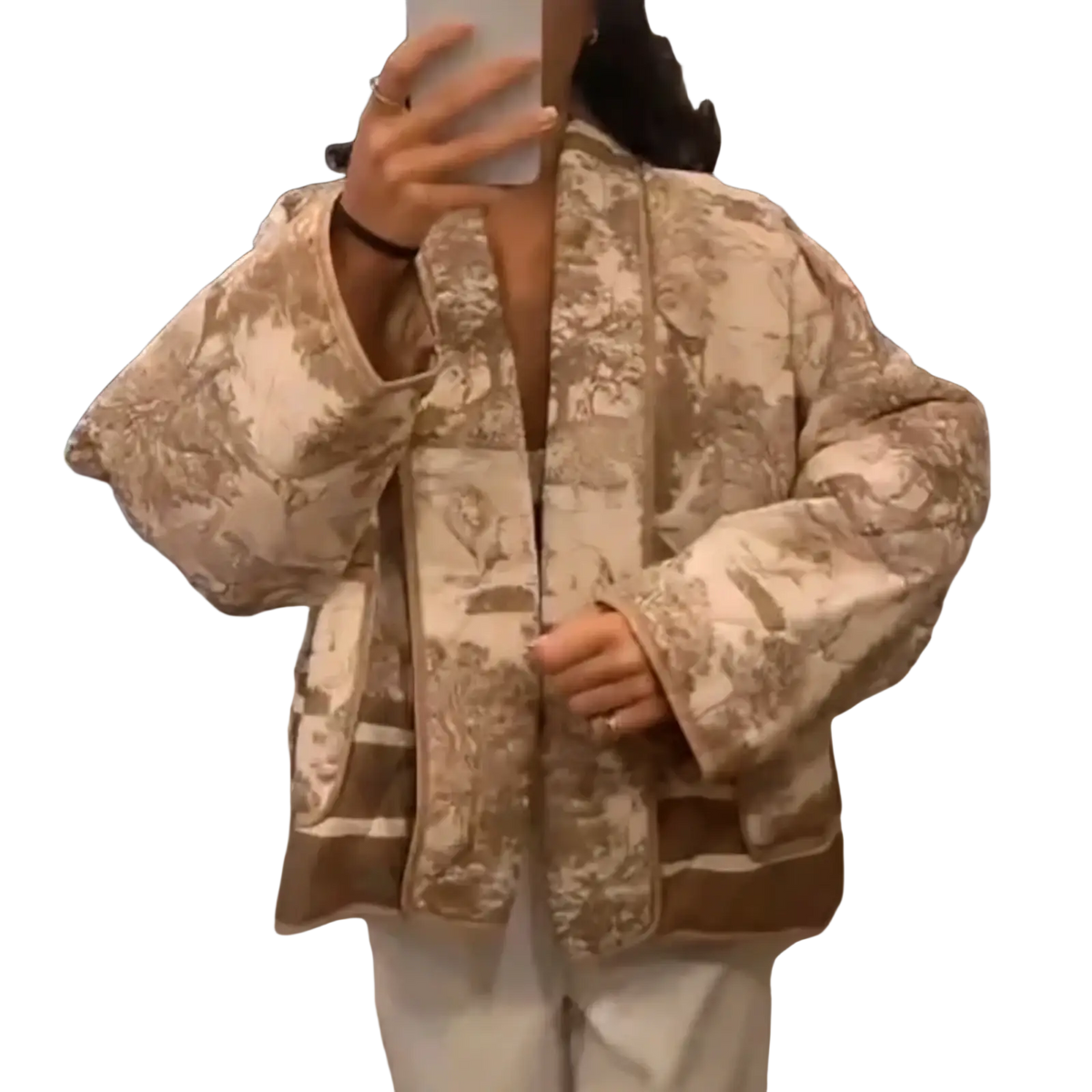 Beige and tan floral-patterned quilted bomber jacket for women with relaxed fit and comfortable material
