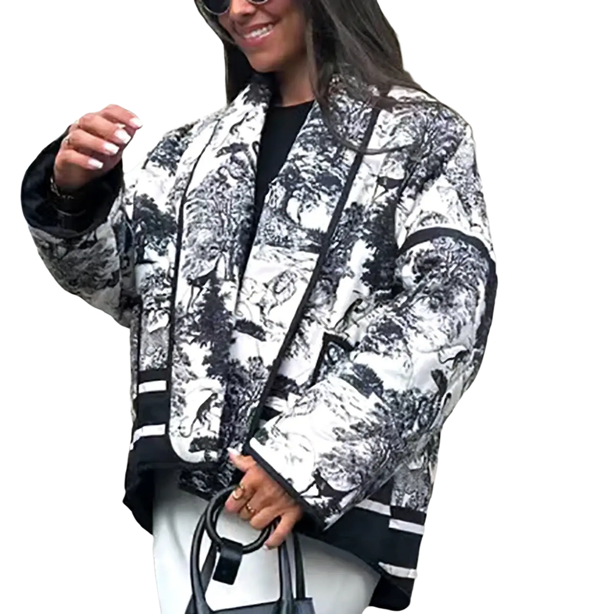 Quilted patterned bomber jacket for women featuring a black and white vintage landscape print design