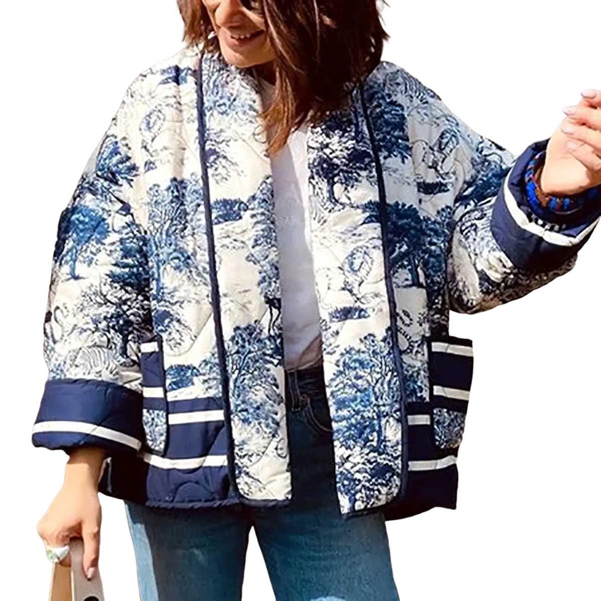 Blue and white patterned quilted bomber jacket for women with striped cuffs and comfortable fit
