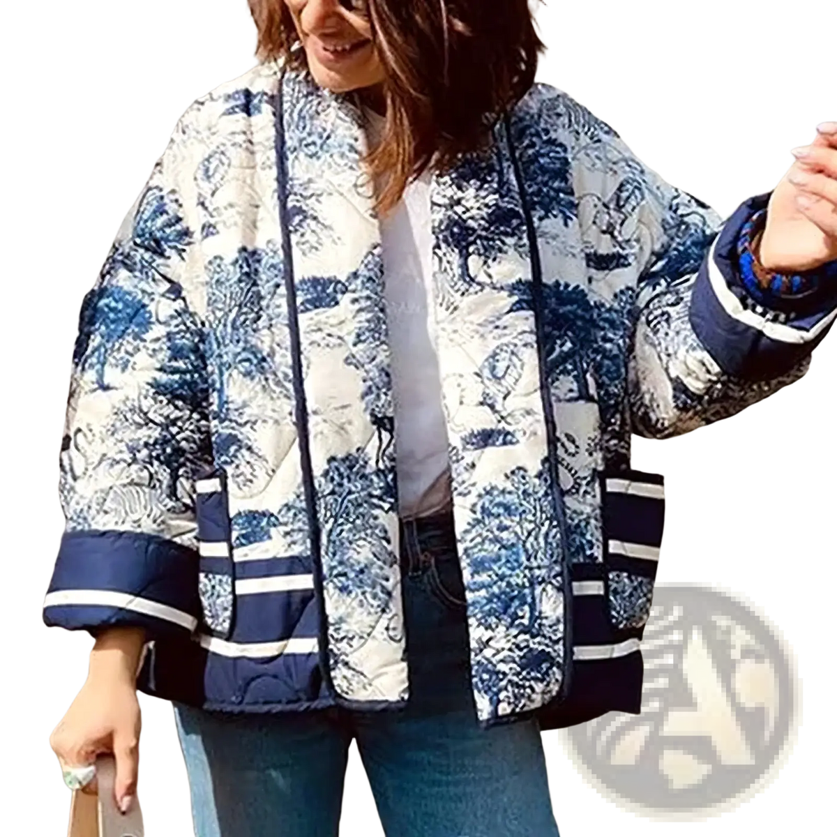 Blue and white quilted patterned bomber jacket for women with striped cuffs and lightweight fabric for casual wear
