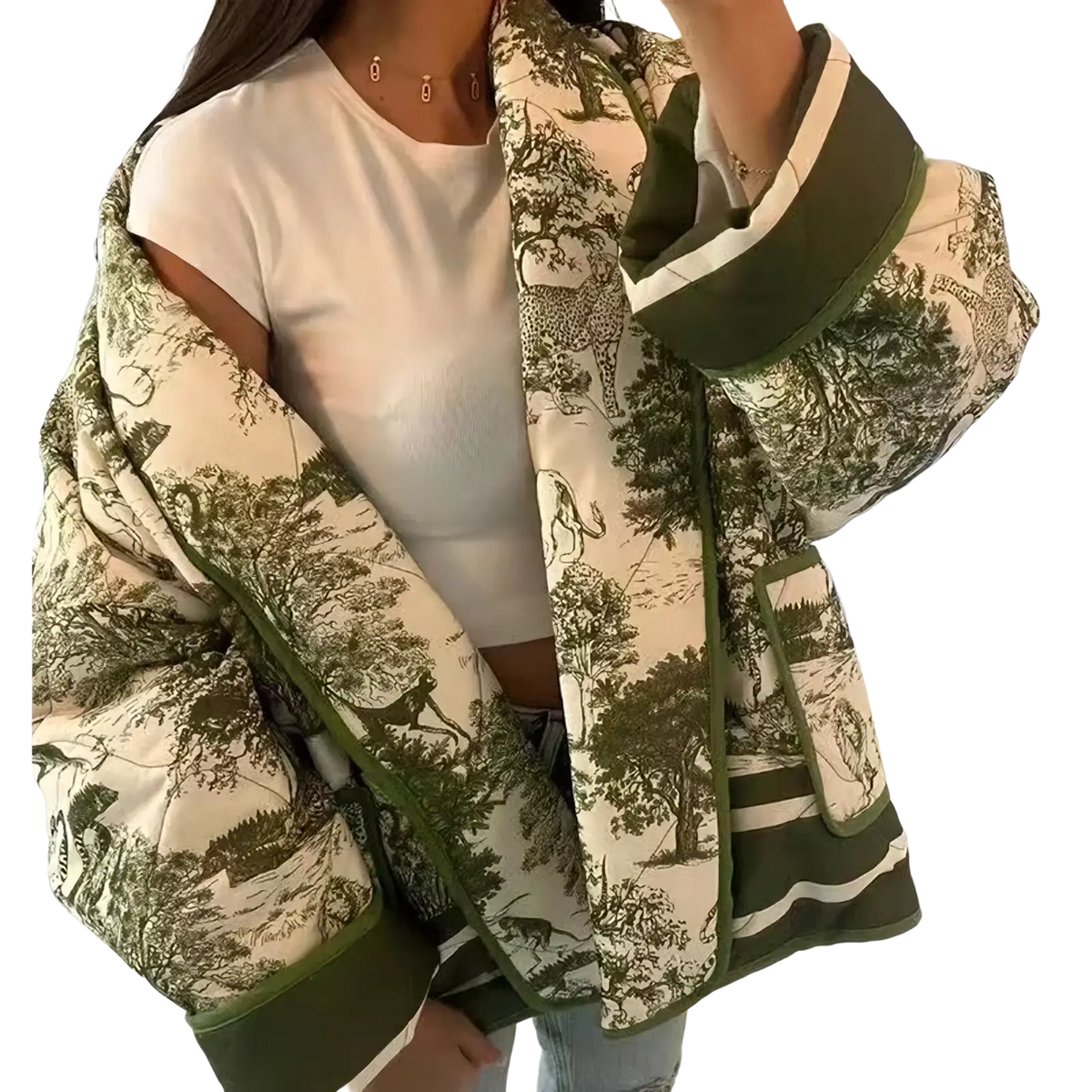 Olive green and cream quilted patterned bomber jacket for women with vintage forest scene print and puffer material