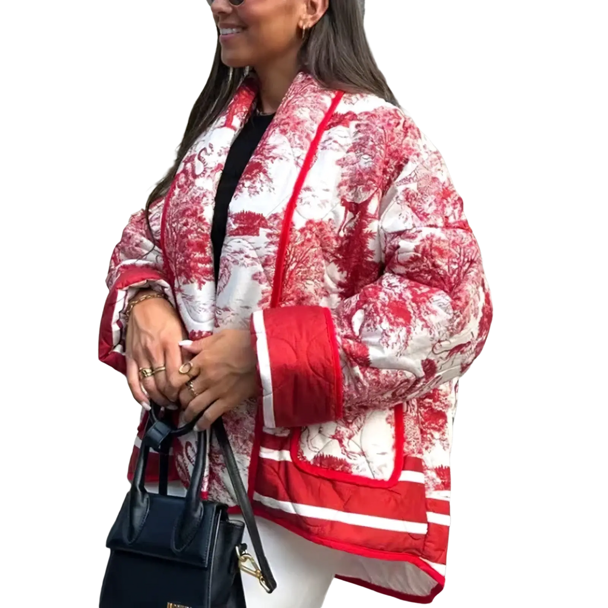 Women’s quilted patterned bomber jacket featuring red and white toile fabric with bold red trim