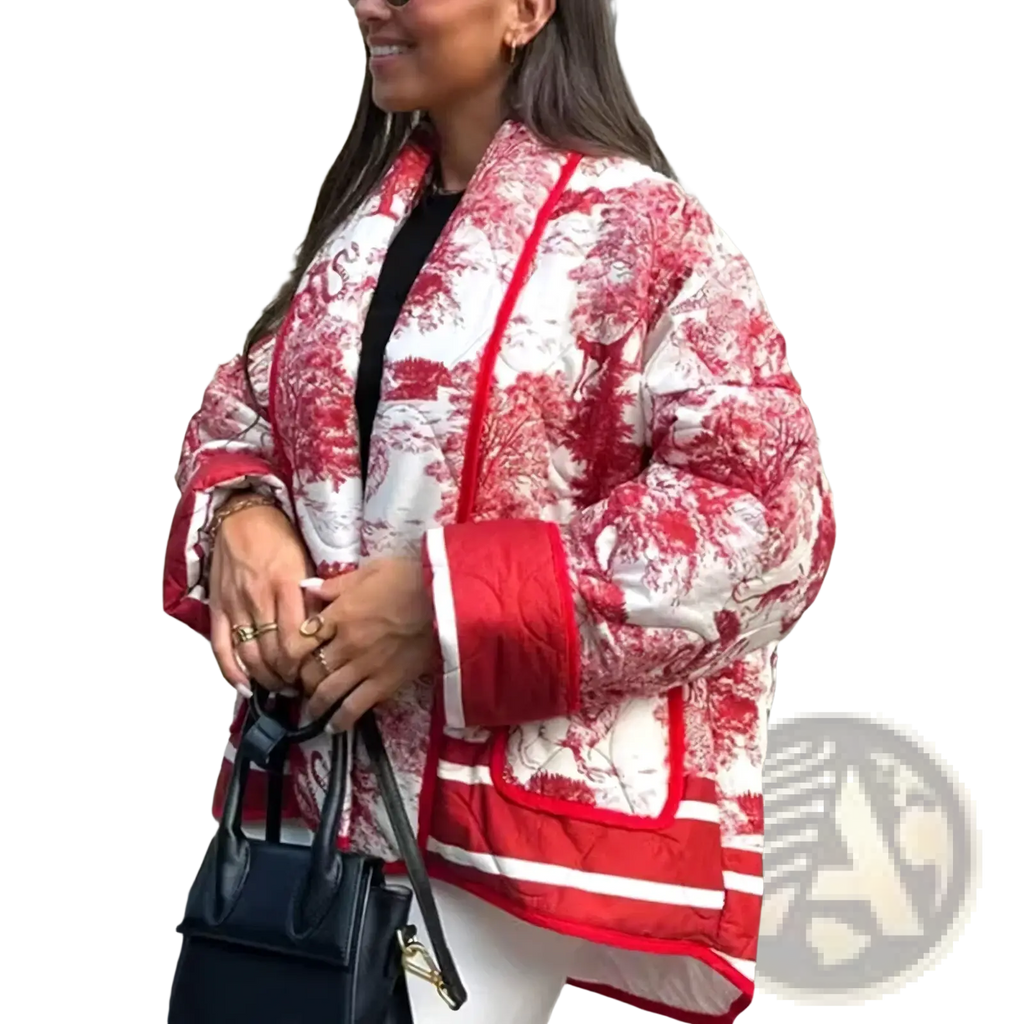 Quilted patterned bomber jacket women in red and white toile fabric with bold red trim and a quilted texture