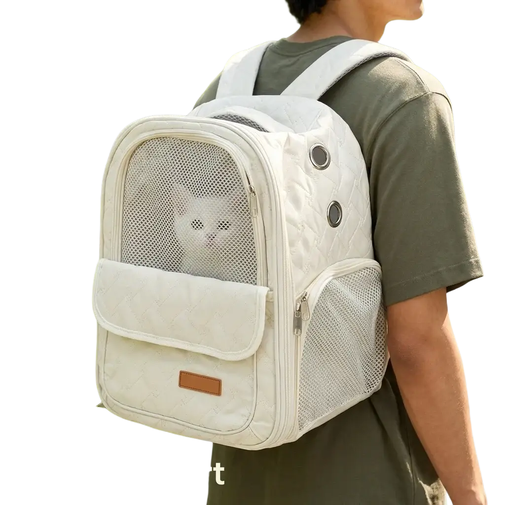 Cream-colored quilted pet carrier backpack with mesh sides and front pocket for small dogs