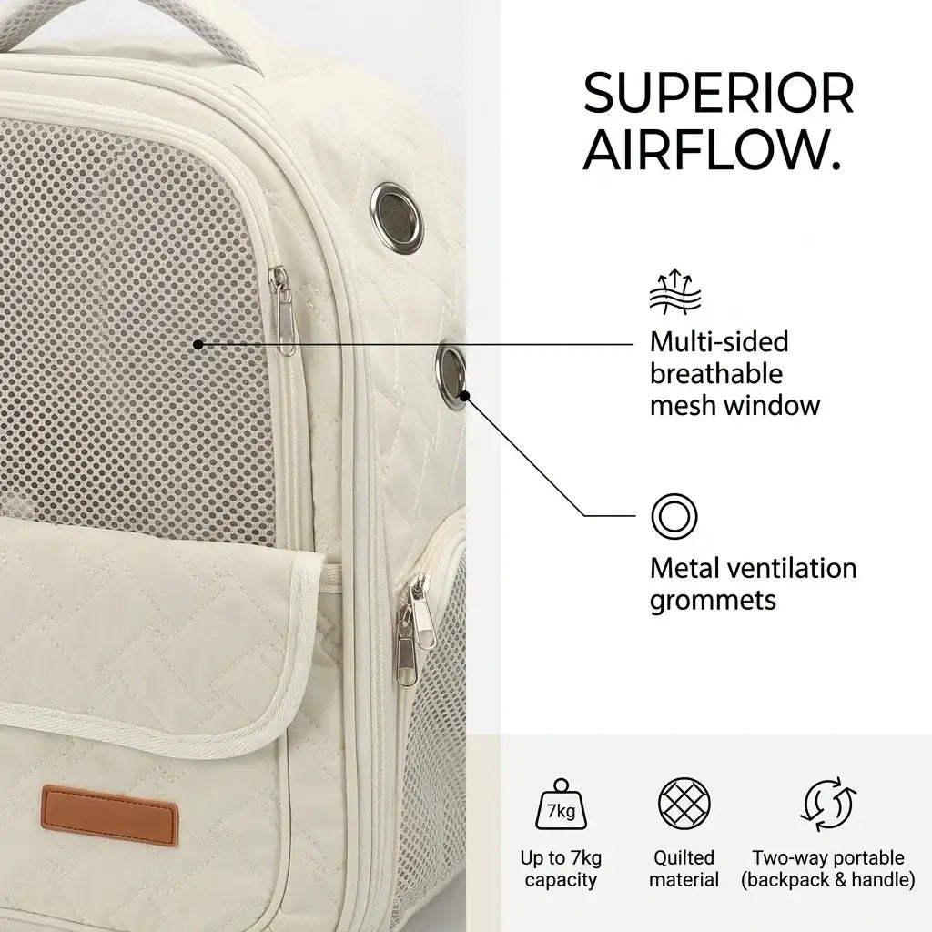 Cream-colored quilted pet carrier backpack with mesh ventilation and metal grommets for small dogs