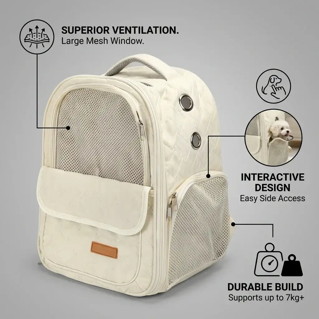 Cream-colored quilted pet carrier backpack for small dogs with mesh windows and side access pockets