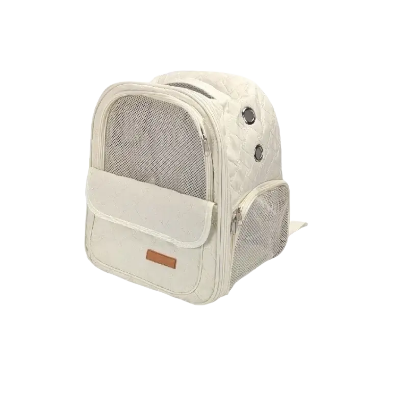 Cream-colored quilted pet carrier backpack for small dogs with mesh panels and zipper closures