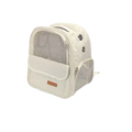 Cream-colored quilted pet carrier backpack for small dogs with mesh panels and zipper closures