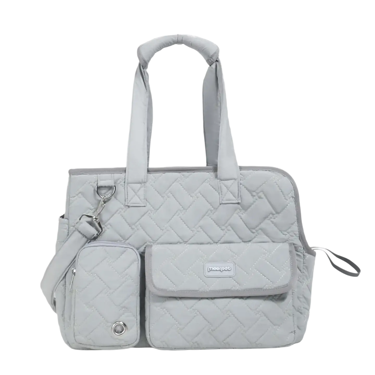 Light gray quilted moët & chandon pet carrier bag with woven diamond pattern and matching shoulder strap for small pets