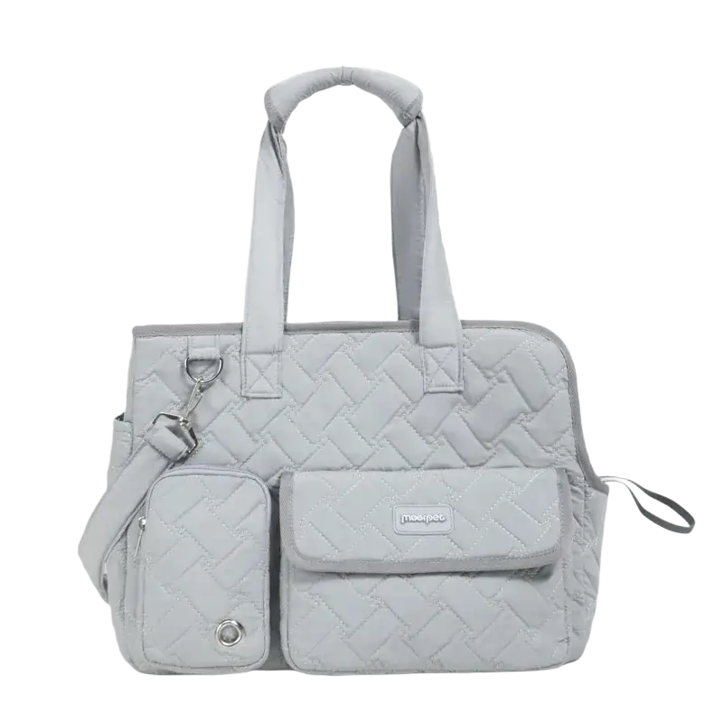 Light gray quilted pet carrier bag with woven diamond pattern, two top handles, and adjustable shoulder strap for small pets