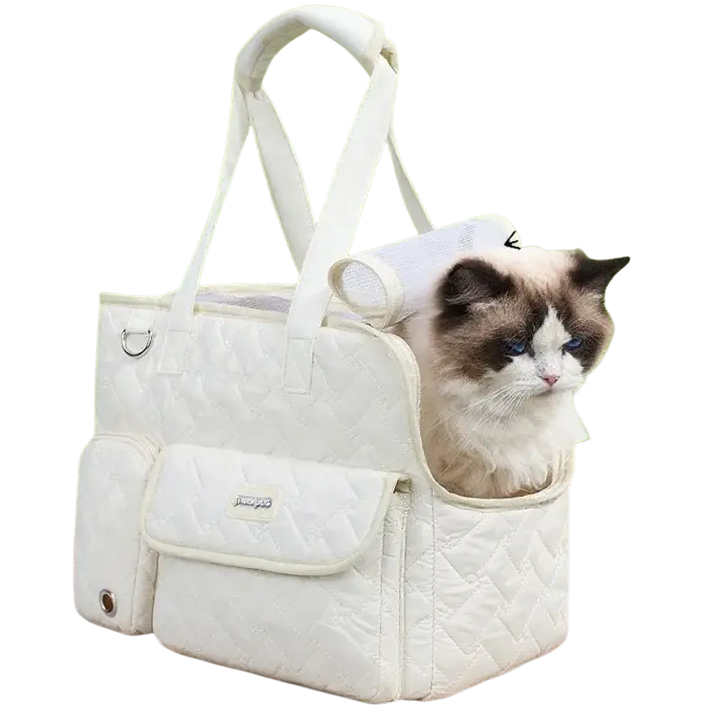 White quilted pet carrier bag with front pocket and sturdy handles for comfortable transport of small cats and dogs