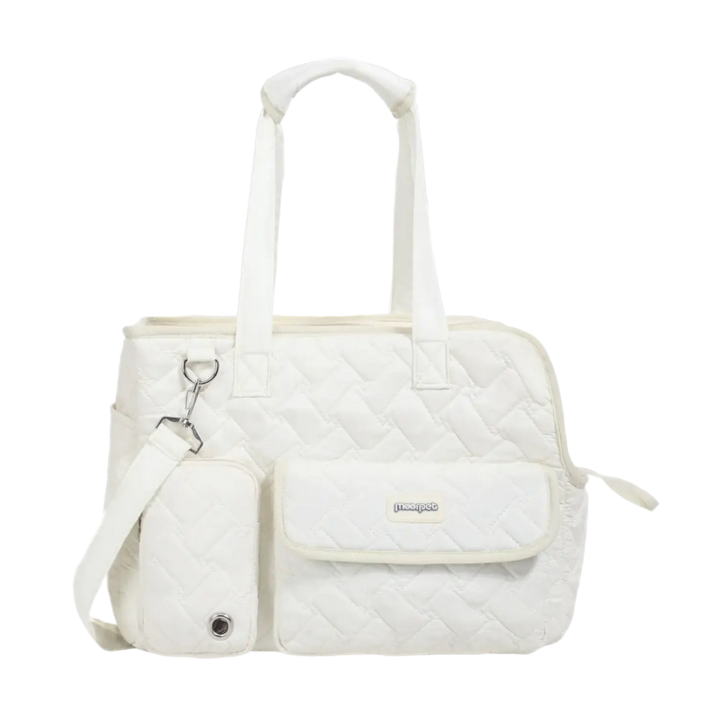White quilted pet carrier bag with detachable strap and front pocket featuring mee-pet logo for small cats and dogs