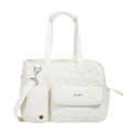 White quilted pet carrier bag with detachable strap and front pocket featuring mee-pet logo for small cats and dogs