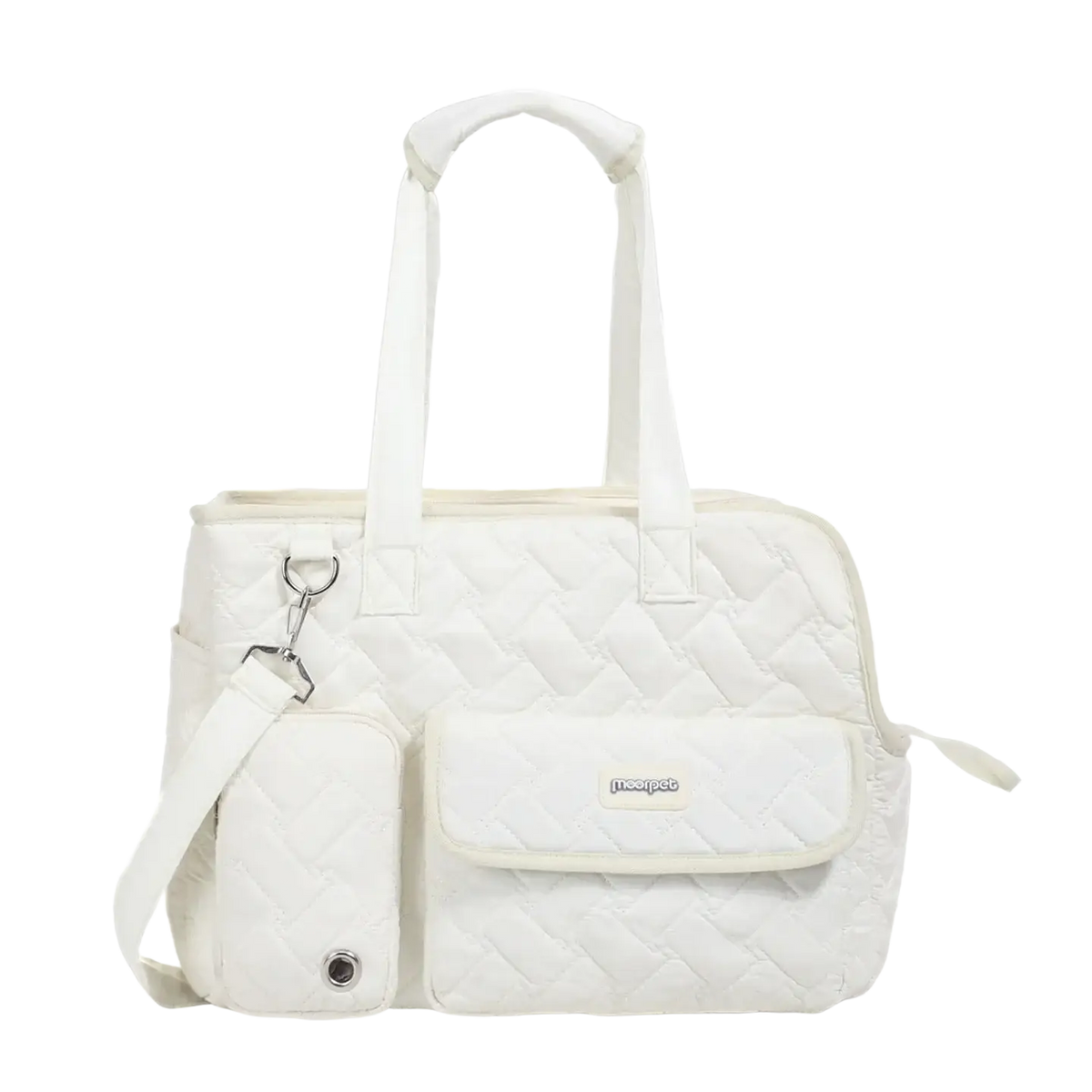 White quilted pet carrier bag with detachable strap and front pocket featuring mee-pet logo for small cats and dogs