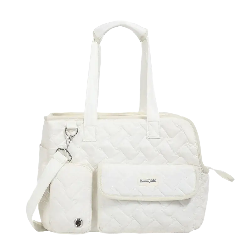 White quilted meopac pet carrier bag with padded handles and detachable shoulder strap for small cats and dogs